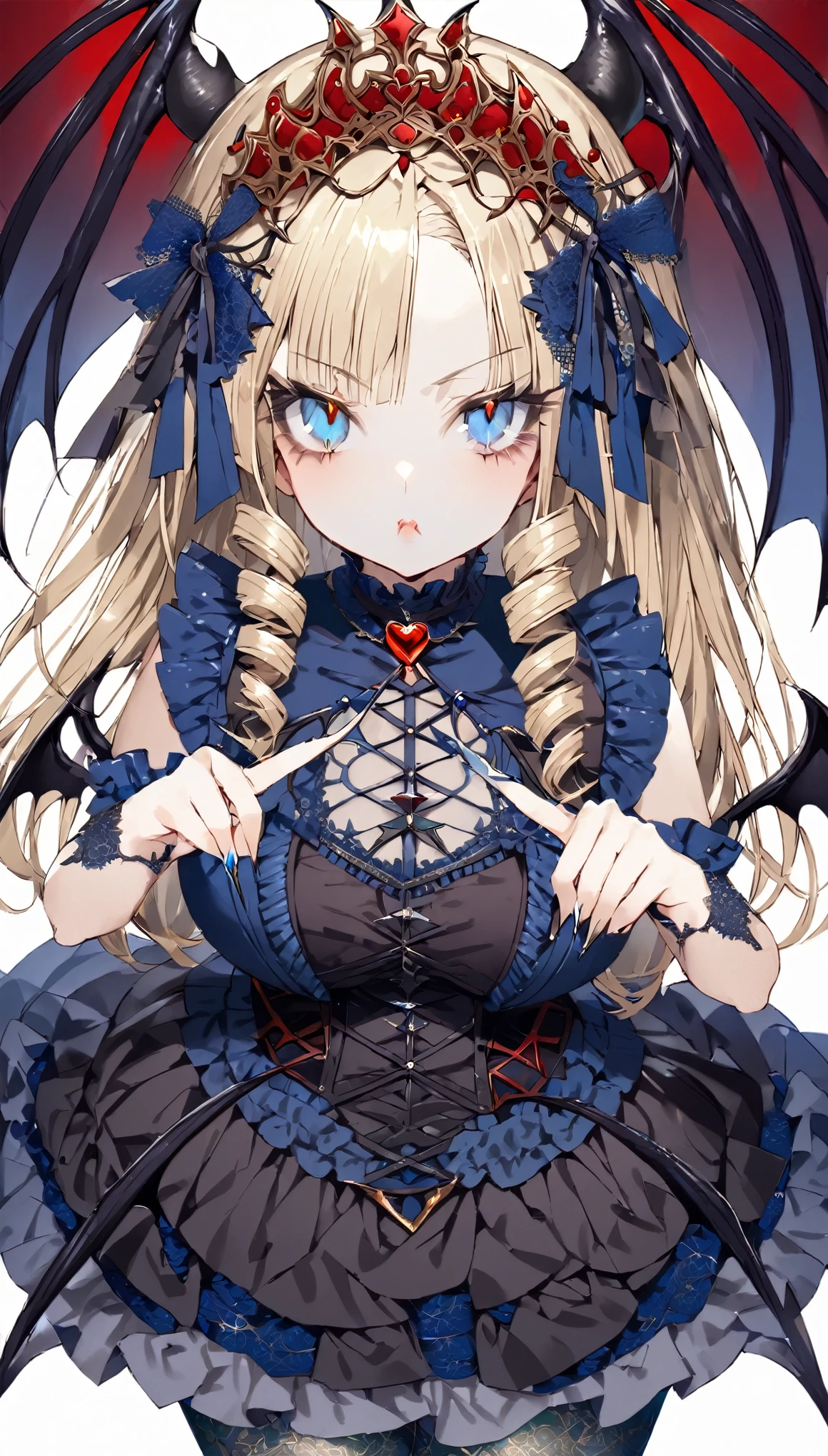 score_9, score_8_up, score_7_up, best quality ,masterpiece, 4k, Japanese anime, 1girl,(dark skin:1.2), (long length hair:1.2), Fishnet tights, drill hair, blonde hair, (huge breasts:1.2), (eye lashes:1.3), (eye shadow:1.3), blue eyes, (beautiful detailed eyes:1.4), (pouty lips:1.3), red cheek, 130cm tall, original character, fantasy, (demon wing:1.5),(White background:1.2), beautiful fingers, (blue gold lace frill Gothic dress:1.5), (red tiara:1.5) ,(head ribbon:1.5),shoot from front, looking at viewer