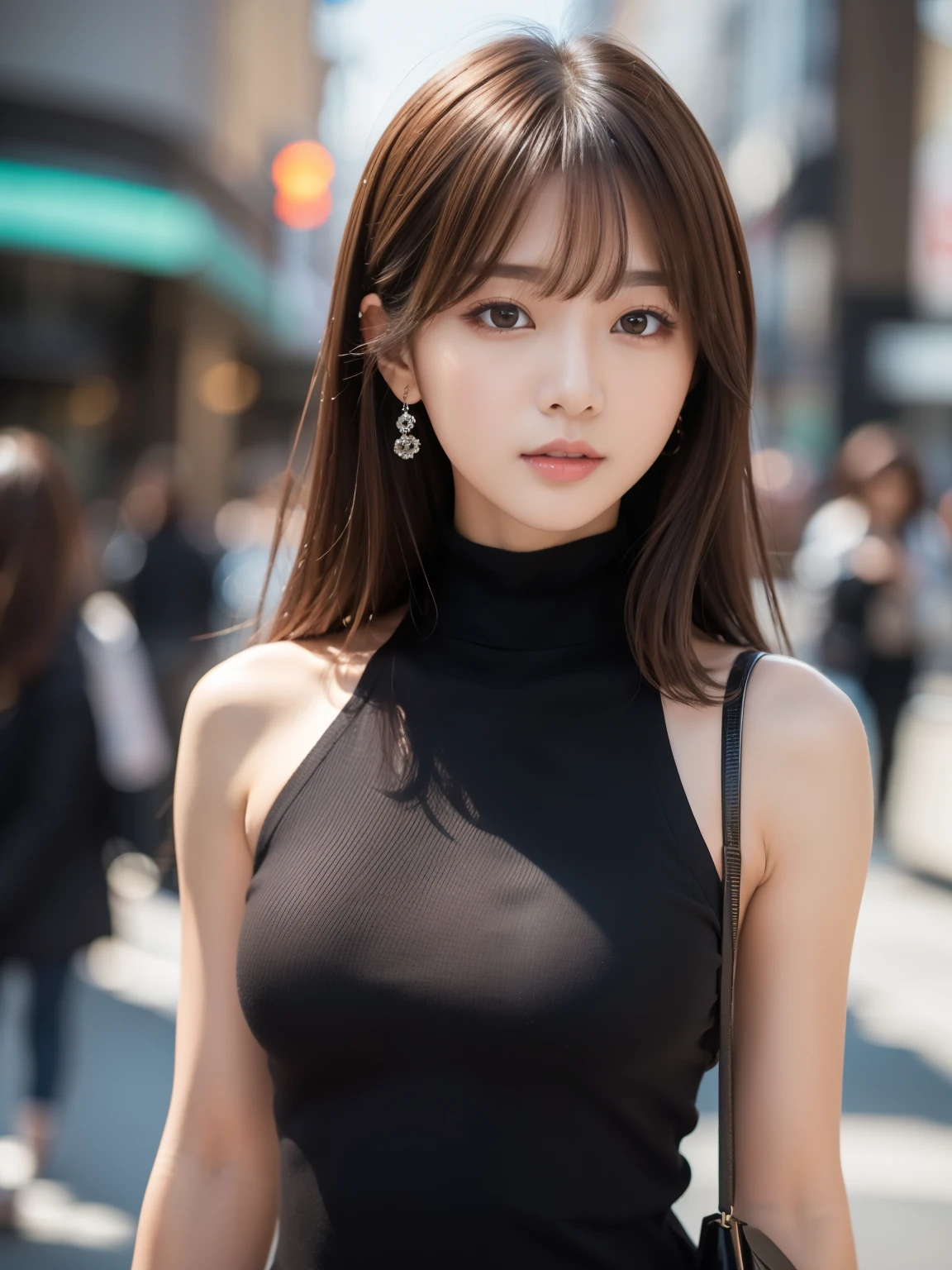 Ultra High Definition, Superior Quality, Premier Quality, ultra detailed, Photorealistic, 8k, RAW Photos, highest quality, masterpiece, Attractive girl, Stunning girl, Brown Hair, Shoulder Length Layered, asymmetrical bangs, K-pop Idol, Sophisticated girl, Black knit, Shibuya,