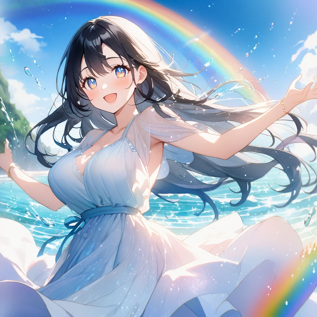 anime、Vibrant colors、Watercolor、Beauty、20-year-old、Black Hair、Long Hair、Calm、Bright eyes、Sparkling eyes、smile、Large Breasts、blue sky、rainbow、Ocean、1000 water particles、rainbowを見つめている、dancing、Clear water flows like a waterfall、Bright dress