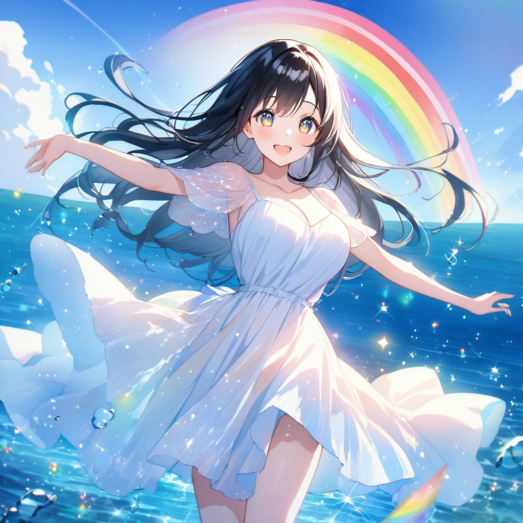 anime、Vibrant colors、Watercolor、Beauty、20-year-old、Black Hair、Long Hair、Calm、Bright eyes、Sparkling eyes、smile、Large Breasts、blue sky、rainbow、Ocean、1000 water particles、rainbowを見つめている、dancing、Clear water flows like a waterfall、Bright dress