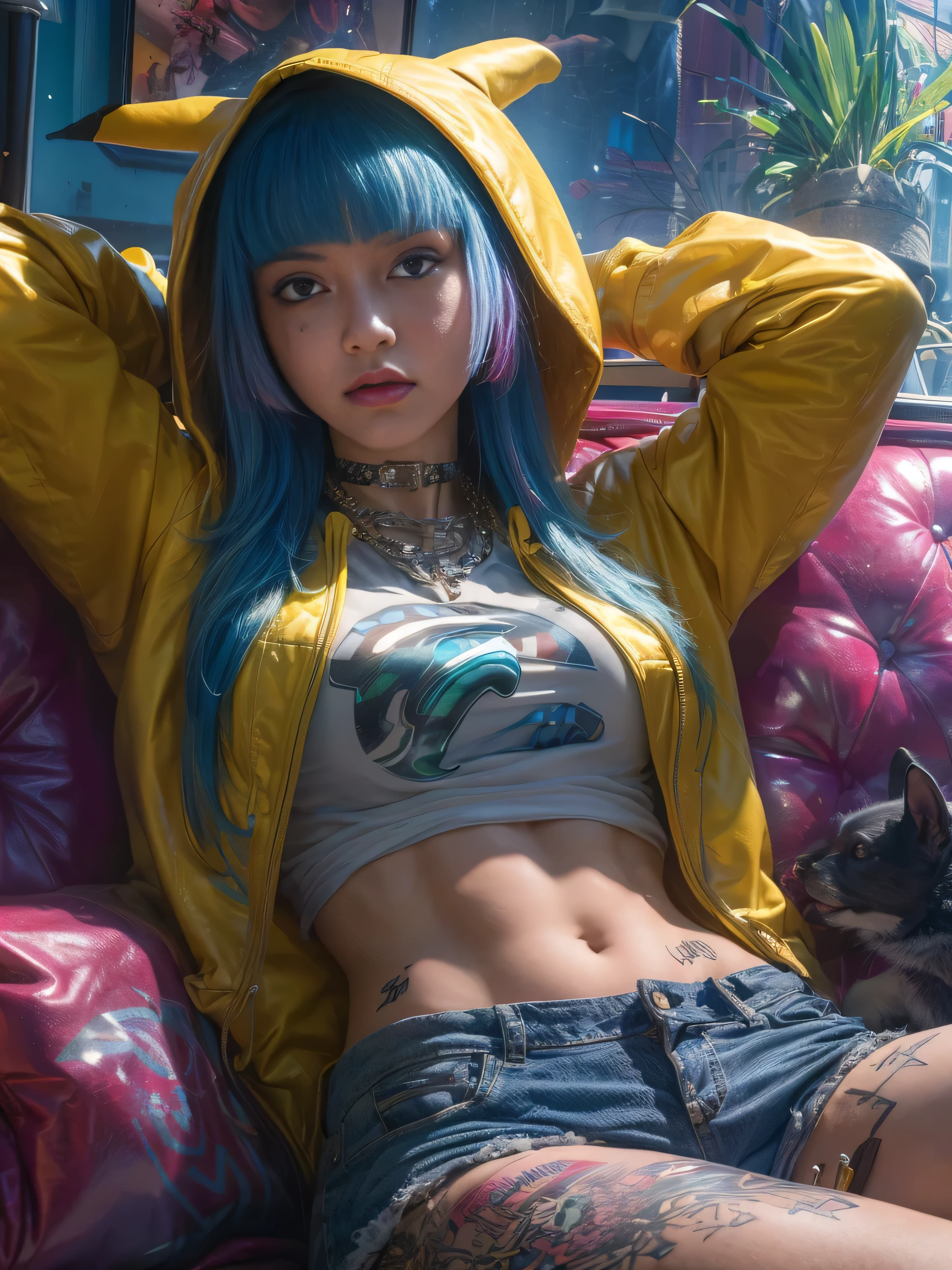 arafed woman with blue hair and a yellow hoodie sitting on a couch, ross tran 8 k, cyberpunk 2 0 y. o model girl, alena aenami and artgerm, cyberpunk art ultrarealistic 8k, cyberpunk beautiful girl, artgerm julie bell beeple, cyberpunk anime girl in hoodie, cyberpunk art style, in cyberpunk style