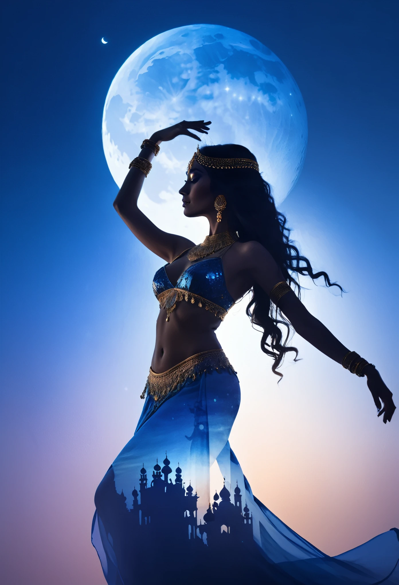 ((silhouette art)), Belly dancer, (Double Exposure:1.3), arabian nights, blue Moon, (Close-up), improve, complex, (best quality, masterpiece, representative work, official art, professional, unified 8k wallpaper:1.3)