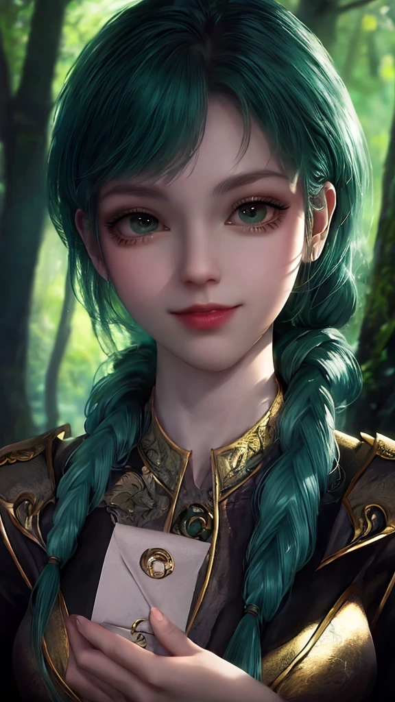 ultra-detailed, masterpiece, highest quality, love letter, pov,smile,Close-up of a stream flowing through a lush green forest, ross tran. scenery background, ryan dyar, environment painting, Beautiful oil matte painting, photorealistic landscapes, 4k hd matte digital painting,