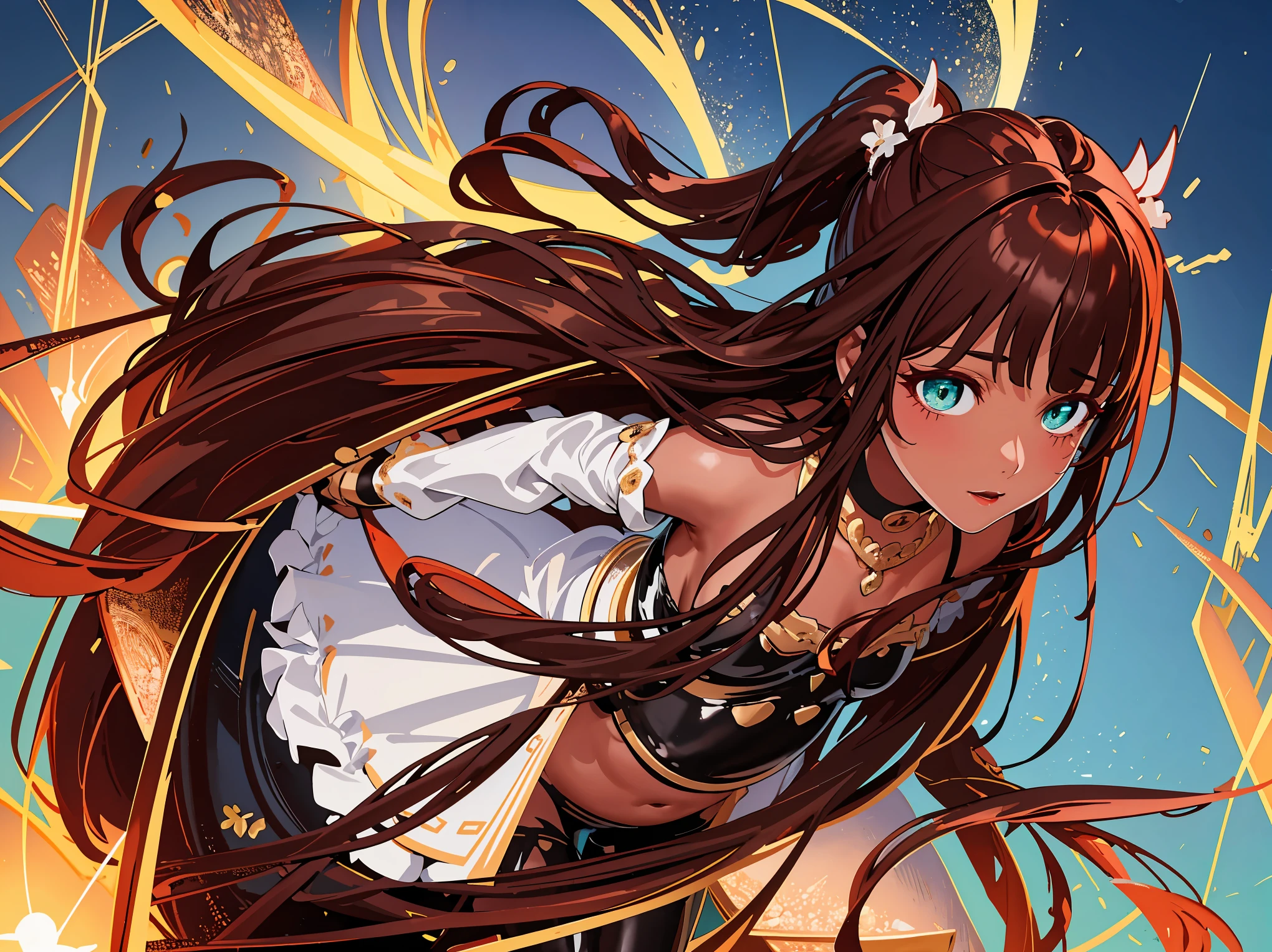 {{{{masterpiece}}}}, {{{Super detailed}}}, {{{high resolution}}}, {{good anatomy}}, (((best quality))),((emerald eyes,brown hair)),{{Extremely detailed and refined}}, {4k CG wallpaper}, {{illustration}}, ((dark skin,african lady,dark brown skin)),(((Side face contour,Close-up，,detailed face,bigger eyeballs))),(ponytail|undercut|Detailed hair|blunt bangs|shiny hair),(((full latex suit,long sleeves))),{shiny texture},(arch canthus),{{{emotionless,milf,mature}}},(lesbian,mystery,intoxicated lady,1 woman:1),(Color difference:1.2),(small breasts),(simple background),The details are complex[、movie lighting、Reflectors、a Canon EOS R5、50mm lens、f / 2.8、shot at 8k resolution、