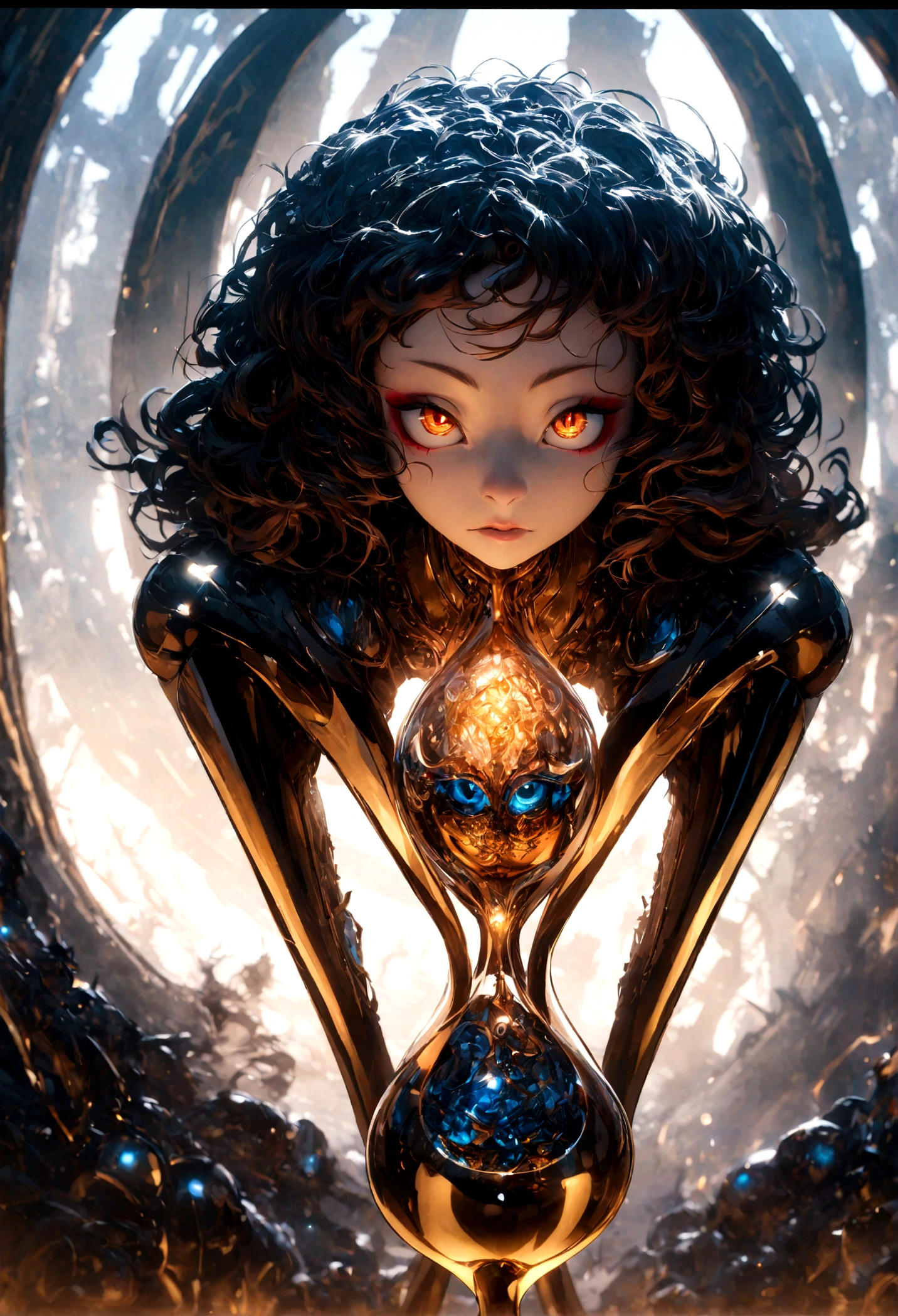 Photo of a humanoid artificial intelligence with natural skin, long, flow, and thick hair, Sharp eyes, Thin and upturned nose, Lip Plumpness, Hourglass figure, Typical clothes and makeup, Intricate details, energetic, vivid, epic, Smooth, Movie, 4k, Backlight, and deep depth of field