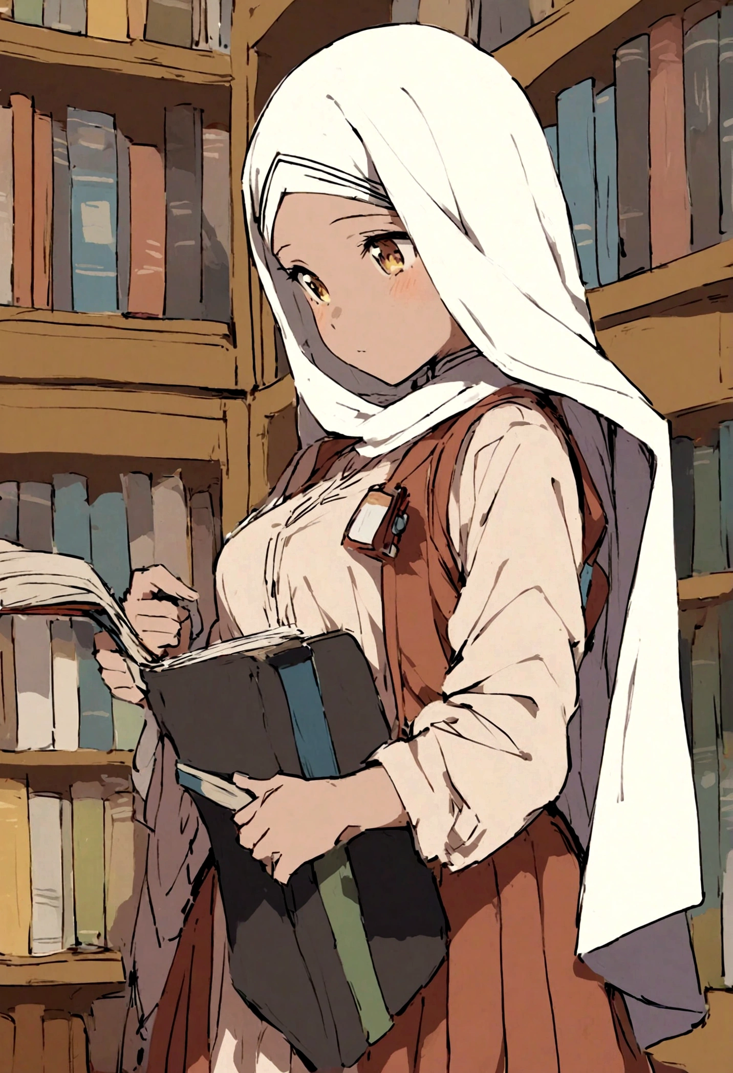 a Muslim elementary school student wearing a hijab who donated books to a female library employee