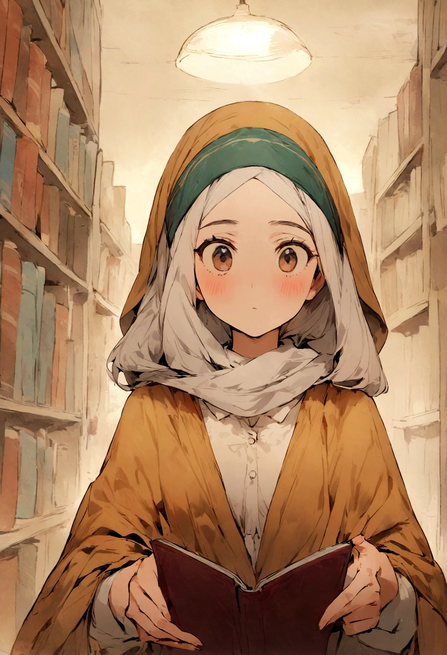 a Muslim elementary school student wearing a hijab who donated books to a female library employee