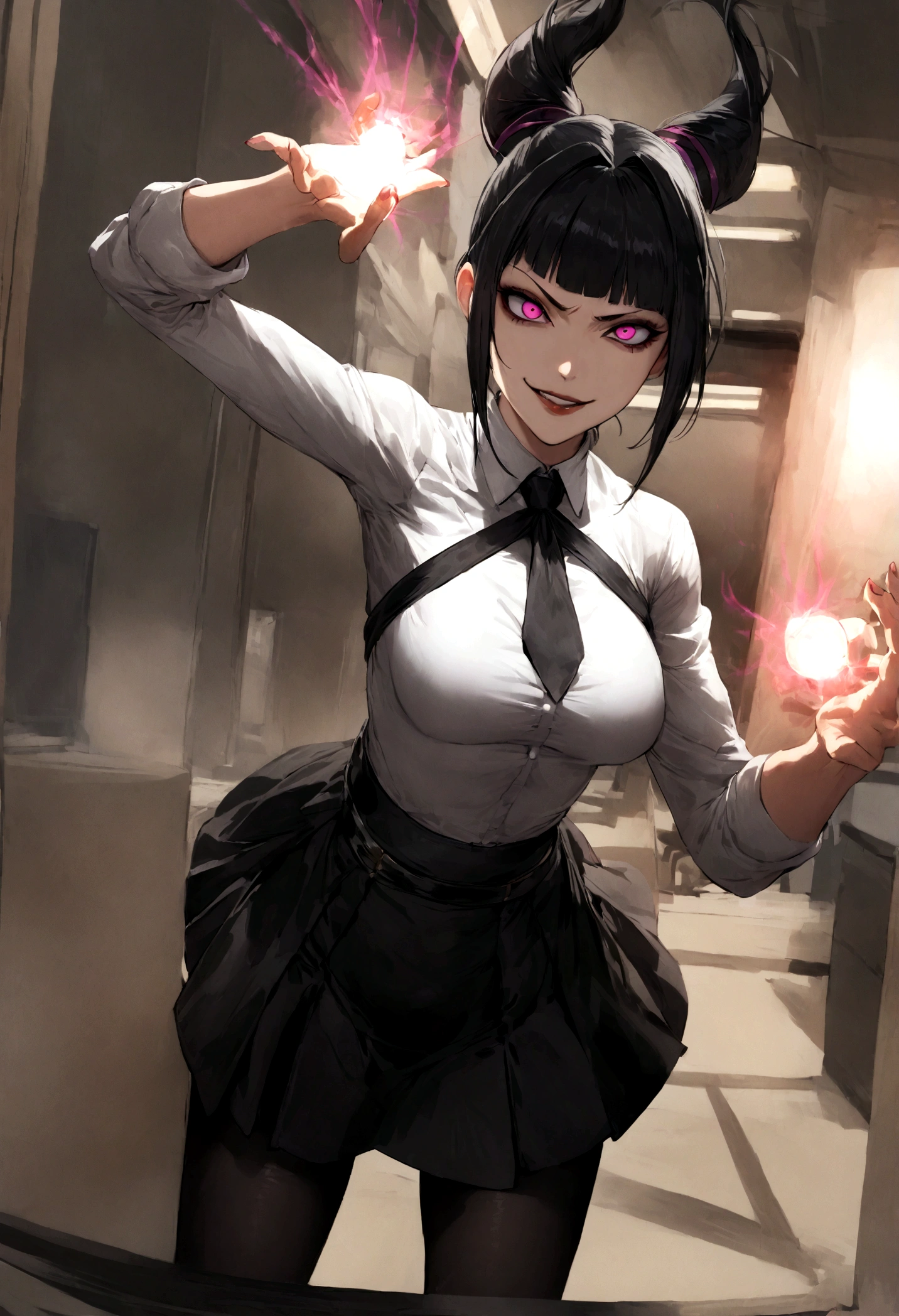 juri han, work of art, tight white secretary shirt with black tie, black high waist skirt, short skirt, black hair, black tights,evil smile,office,franja nos olhos,lighting,chifre de cabelos,sentada,pernas cruzadas