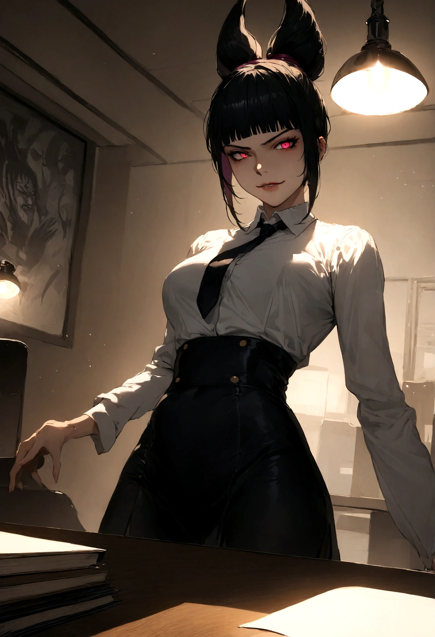 juri han, work of art, tight white secretary shirt with black tie, black high waist skirt, short skirt, black hair, black tights,evil smile,office,franja nos olhos,lighting,chifre de cabelos,sentada,pernas cruzadas