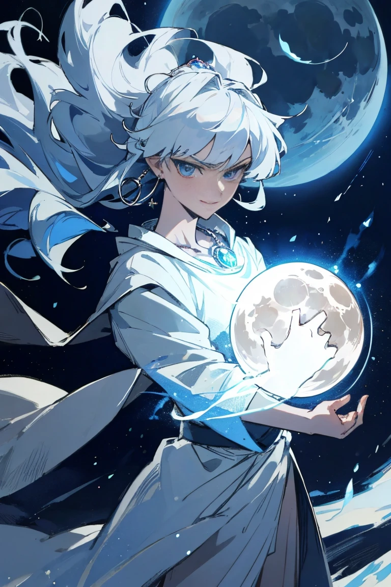 masterpiece,best quality,ultra-detailed,8k,high resolution,Correct drawing,clavicle, Bushes, middle part, A little curled, Silver Necklace, Earrings, Face close-up, bangs, white gauze coat,White male、Silver Hair、blue eyes、A fearless smile、Dark Wizard, 30-year-old man, young, sexy, Subjective and sensual poses, space magic, Floating, wave fist,Kamehameha,Wearing a dirty robe,A large moon and magic circle in the background,Gentle Moonlight,Comet in the sky,Hands together,Both fists held at sides,The moment the magic activates,Flames blow out of the hands