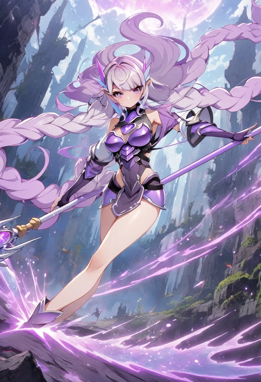 Hidden Princess，Wearing purple armor，Holding a colorful staff，In the abyss