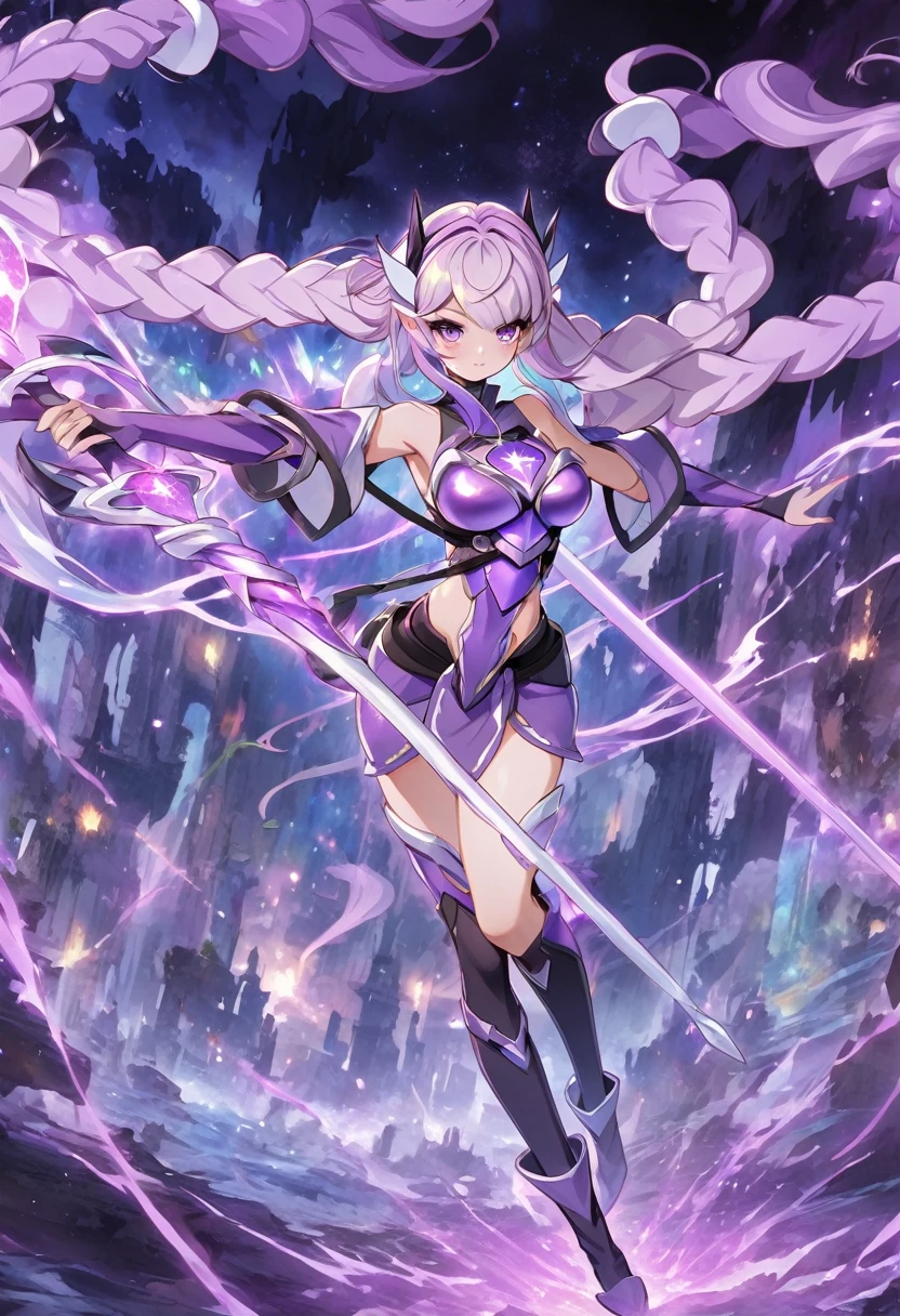 Hidden Princess，Wearing purple armor，Holding a colorful staff，In the abyss