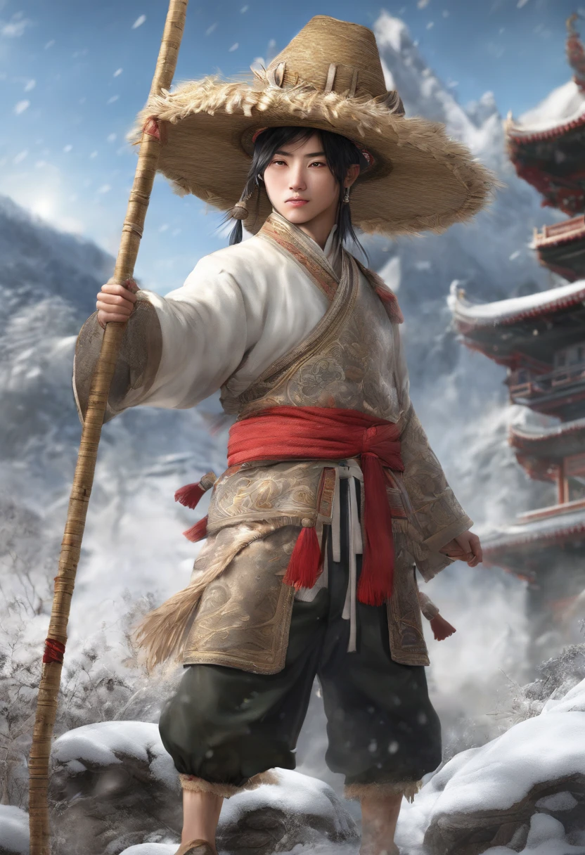 Chinese comics, ((handsome, serious, Fengshenbang, Jiang Ziya,)), Snow Mountain (snowflakes), straw clothes, straw hats 1:2, fantasy