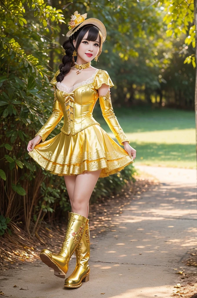 nsfw, sexy golden Thai princess, only 1 female, ((doll-like appearance)), short fuchsia stylish hair, ((shiny Victorian-Style boots)), (big smile), ultra detailed eyes, vivid golden eye makeup, lipgloss, long lashes, defined eyebrows, ((sexy golden Paradise Kiss cosplay)), bell-shaped skirt, petticoats, high neckline, puffed sleeves, ((ultra detailed golden lace)), ((ultra detailed golden embroidery)), intricate details, golden Paradise Kiss accessoires and matching golden headpiece, golden choker, ((large sparkling golden Paradise Kiss jewelry)), cinematic light, detailed large park background with trees