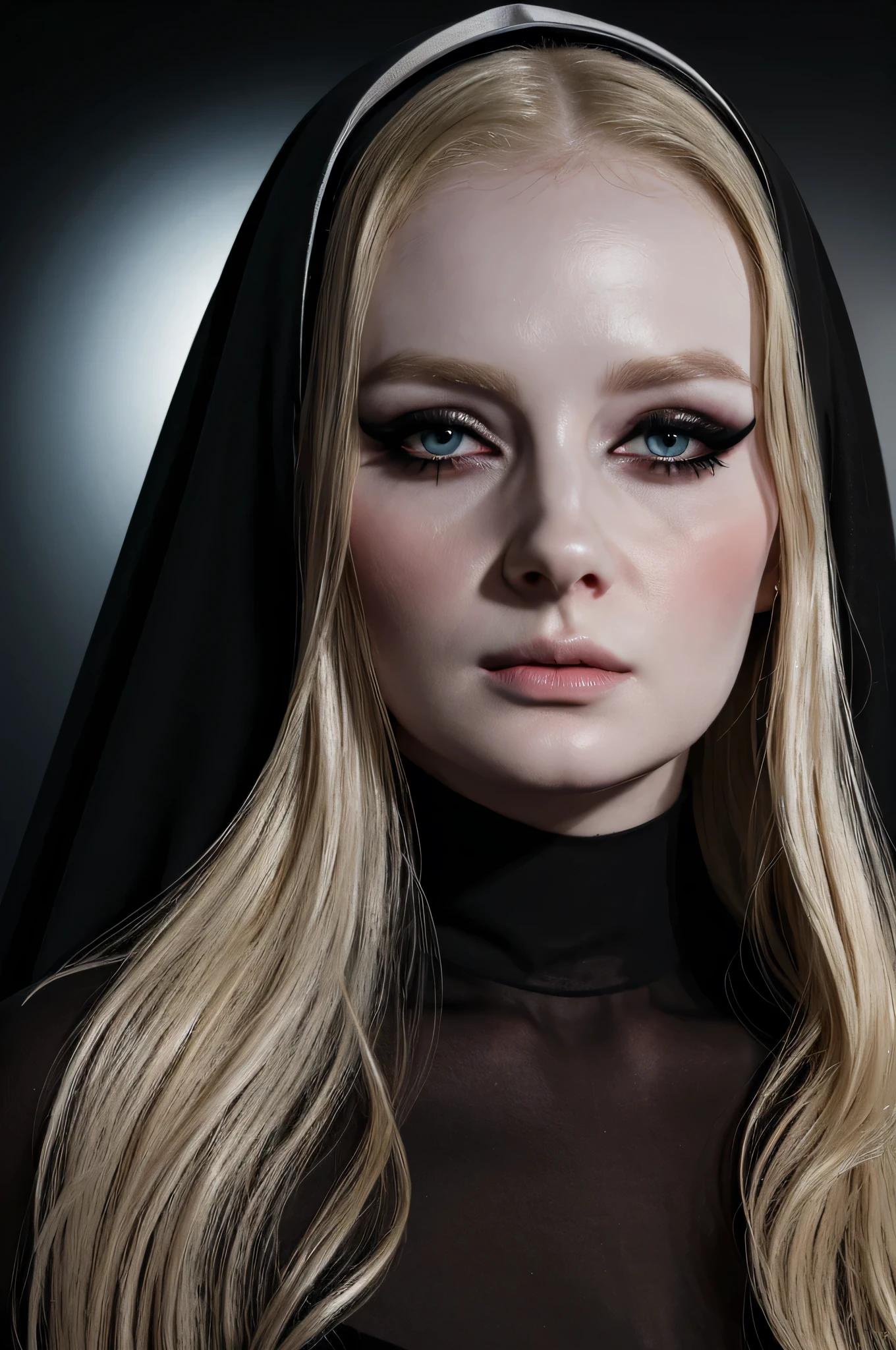 woman pretty, blonde,blackveil,nun sheer dress,pale,eyeliner,portrait,no-makeup ,full body, makeup ,pale woman painting, eyeliner  wonderful highly detailed masterpiece, beautiful light deep focus, elegant, digital painting, smooth, dramatic lighting, ultra realistic, 8k, art , black background,black background, black wallpaper pray hands,prayer-nun