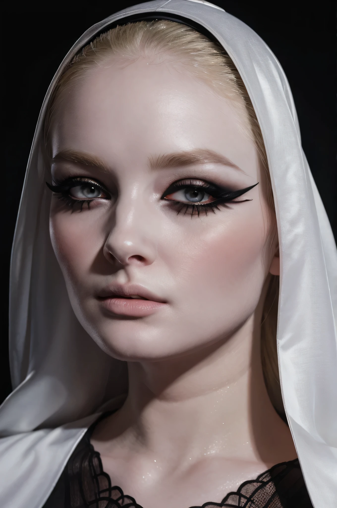 woman pretty, blonde,blackveil,nun sheer dress,pale,eyeliner,portrait,no-makeup ,full body, makeup ,pale woman painting, eyeliner  wonderful highly detailed masterpiece, beautiful light deep focus, elegant, digital painting, smooth, dramatic lighting, ultra realistic, 8k, art , black background,black background, black wallpaper pray hands,prayer-nun