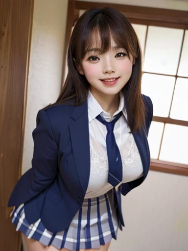 8k, highest quality, The real picture, Intricate details, Very detailed, Ultra-high resolution, Depth Field,(Realistic,Realistic:1.2), From the center, 1 Japanese girl, Very beautiful 17 year old girl, Big eyes, Beautiful breasts:1.5、Very detailedな目:1.2), (Beautiful breasts:1.1), (Small breasts:1.5), Wavy Hair、Curly Hair、bangs, Perfect Skin, Fair skin, Big Hips, Thick thighs, Thick legs, Cleavage, Tight waist, A slight blush, alone, Looking at the audience, (smile:1.4), (Happy:1.2), (School_uniform),(Dark Blue Blazer), (White shirt、Wear a tie), (Grey pleated skirt), (Sculptural installation :1.1), break (close your eyes:1.1), Mouth open、sukebra、(see-through bra)