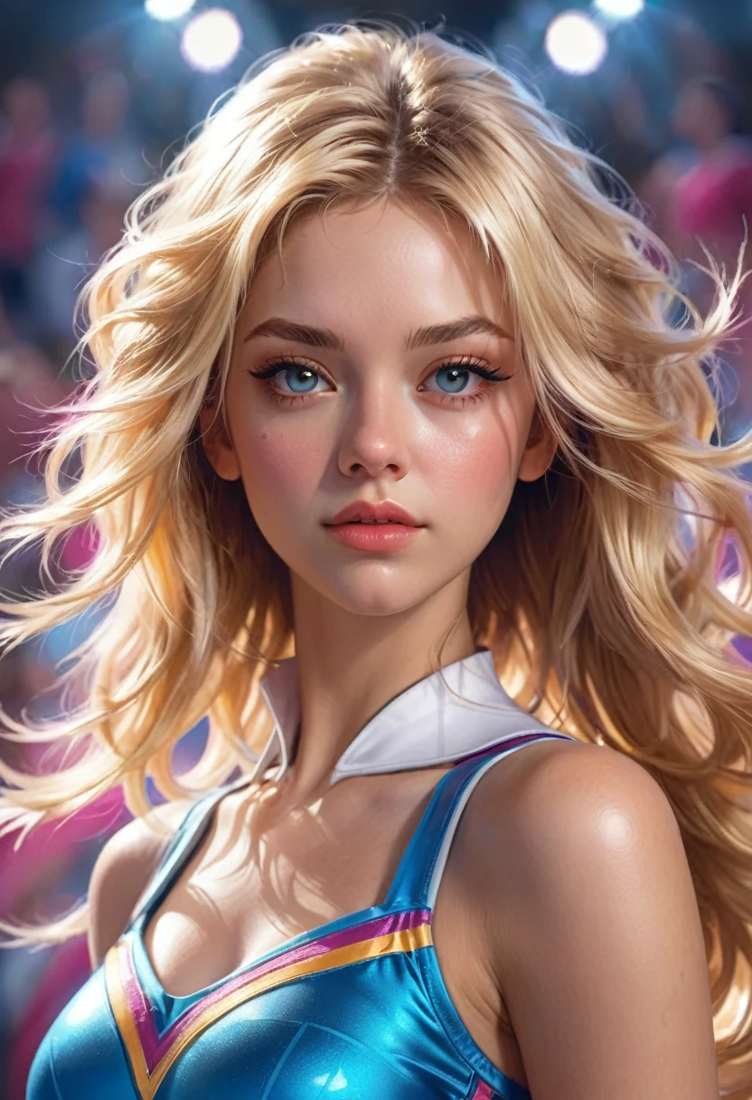 Mean Girl, a mean girl, very attractive blonde cheerleader, perky, make-up, background high school gym, head and shoulders portrait, 8k resolution concept art portrait by Greg Rutkowski, Artgerm, WLOP, Alphonse Mucha dynamic lighting hyperdetailed intricately detailed Splash art trending on Artstation triadic colors Unreal Engine 5 volumetric lighting