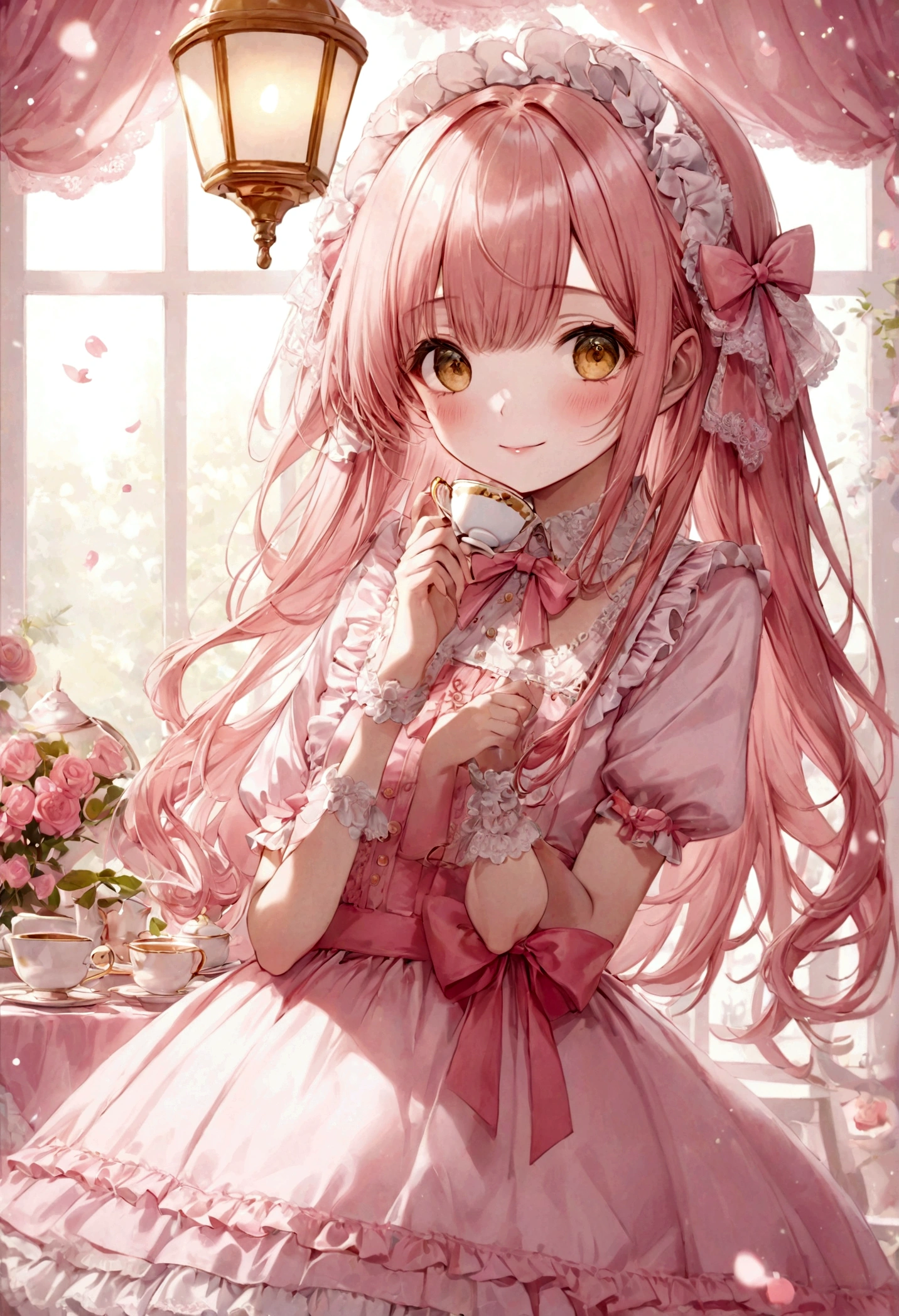 ((top-quality)), ((masterpiece)), ((ultra-detailliert)), (extremely delicate and beautiful), peach pink hair, long straight hair, golden eyes, cute woman, wearing pink ta dress, loliress with lace, cute smile, pink sash bows, tea party background