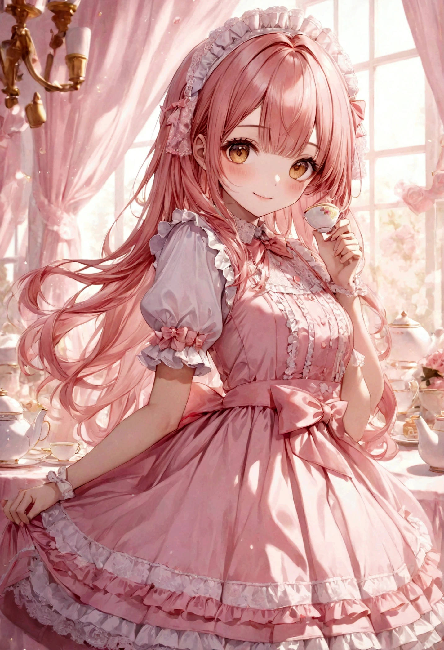 ((top-quality)), ((masterpiece)), ((ultra-detailliert)), (extremely delicate and beautiful), peach pink hair, long straight hair, golden eyes, cute woman, wearing pink lolita dress, lolita dress with lace, cute smile, pink sash bows, tea party background
