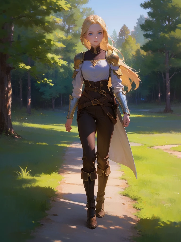 fantasy, 1 woman, Emily, 18 year old woman, mature and confident demeanor, full body illustration, long blond hair tied in a ponytail, hair comes down to her mid-back, crystal blue eyes, high detail, wearing light armor with a medieval renaissance style (long sleeve cream colored form fitting top with small brown shoulder pads, dark brown pants, brown boots, sheathed sword at waist), the brown pants aren't too form fitting, sword sheathed at her waist, attire is modest but feminine, intricate details, ultra high resolution, sharp focus, HD, 8k, clear facial features,clear details, walking through a path in the woods, zoomed out view, looking away from viewer