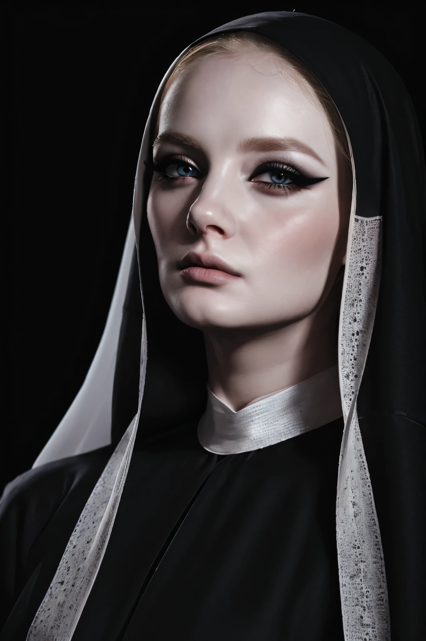 woman pretty, blonde,blackveil,nun sheer dress,pale,eyeliner,portrait,no-makeup , makeup ,pale woman painting, eyeliner  wonderful highly detailed masterpiece, beautiful light deep focus, elegant, digital painting, smooth, dramatic lighting, ultra realistic, 8k, art , black background,black background, black wallpaper