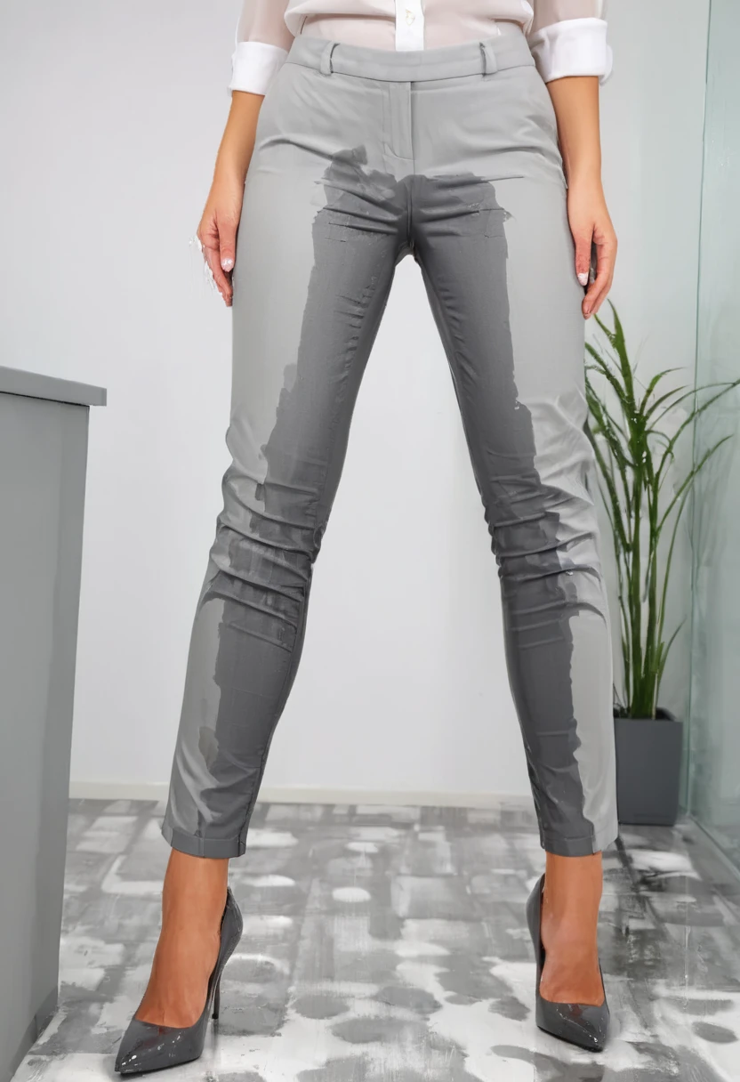 attractive redhead woman wearing gray dress pants, high heel pumps, white blouse, standing in an office, wetting, big smile, pee stains are gleaming wet, pants really soaked with pee