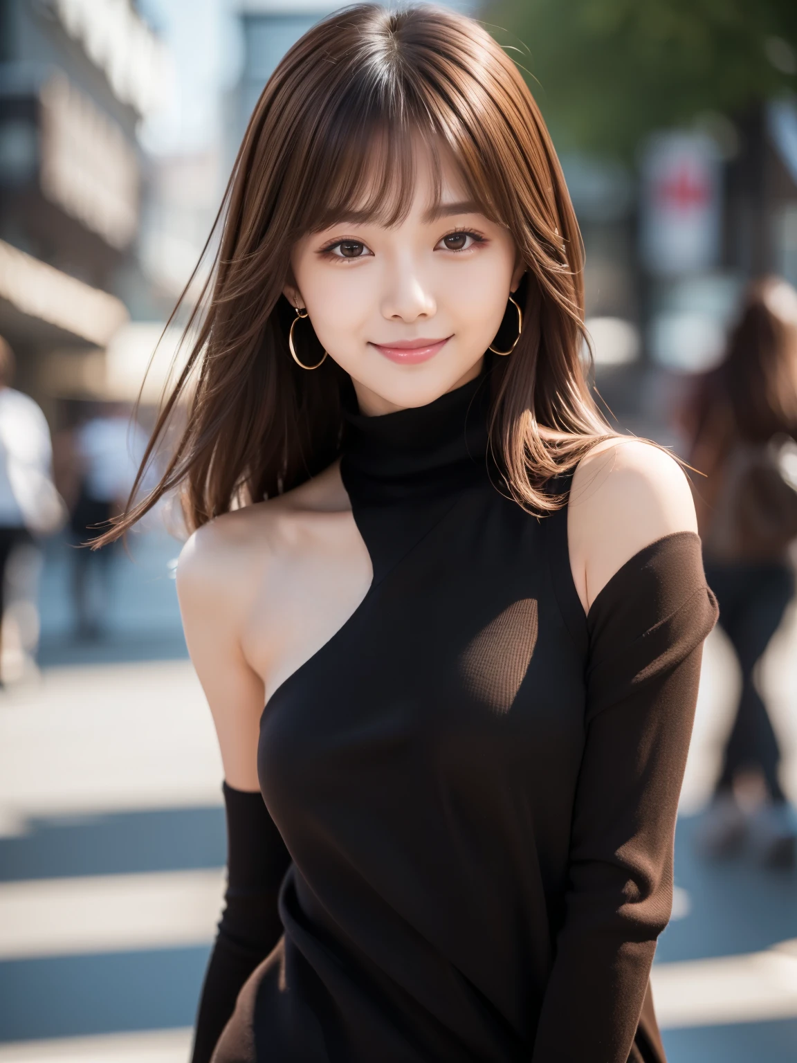 Ultra High Definition, Superior Quality, Premier Quality, ultra detailed, Photorealistic, 8k, RAW Photos, highest quality, masterpiece, Attractive girl, Stunning girl, Impish Smile, Brown Hair, Shoulder Length Layered, asymmetrical bangs, K-pop Idol, Sophisticated girl, Black knit, Shibuya,