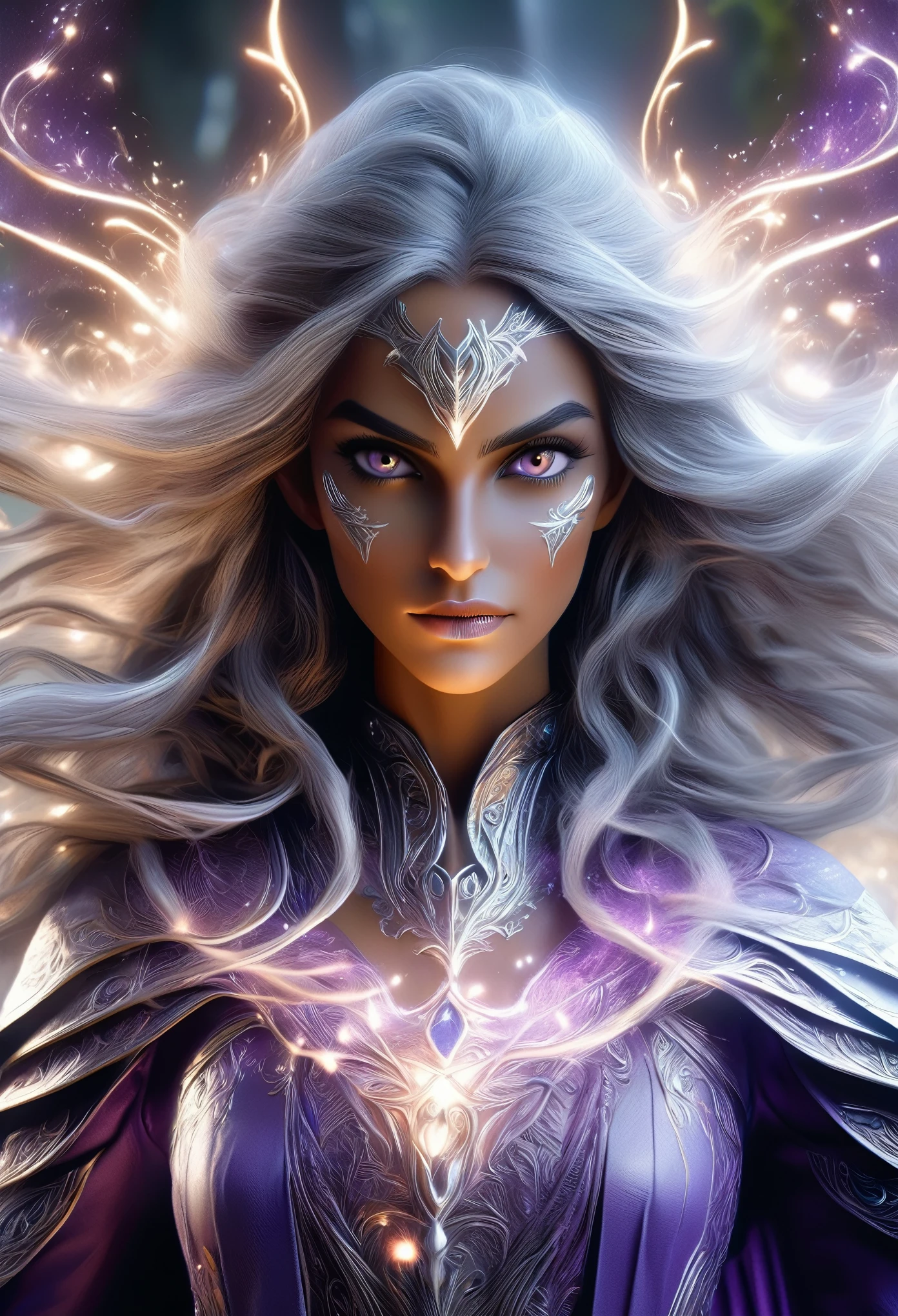 (best quality,4k,8k,highres,masterpiece:1.2),ultra-detailed,(realistic,photorealistic,photo-realistic:1.37), a beautiful young female dark elf mage with long flowing hair, elegant robes, and a mystical aura, (intricate magical effects:1.4), (glowing magical energy:1.5), detailed fantasy landscape with towering mountains, lush forests, and magical ruins, cinematic lighting, dramatic camera angles, (best quality,4k,8k,highres,masterpiece:1.2),ultra-detailed,(realistic,photorealistic,photo-realistic:1.37),fantasy, magic, highly detailed magical girl beautiful detailed eyes, beautiful detailed lips, extremely detailed eyes and face, long eyelashes, dramatic lighting, cinematic composition, dynamic pose, stunning colors, digital painting, beautiful purple eyes, magic wand, toned beautiful thighs, symmetrical face