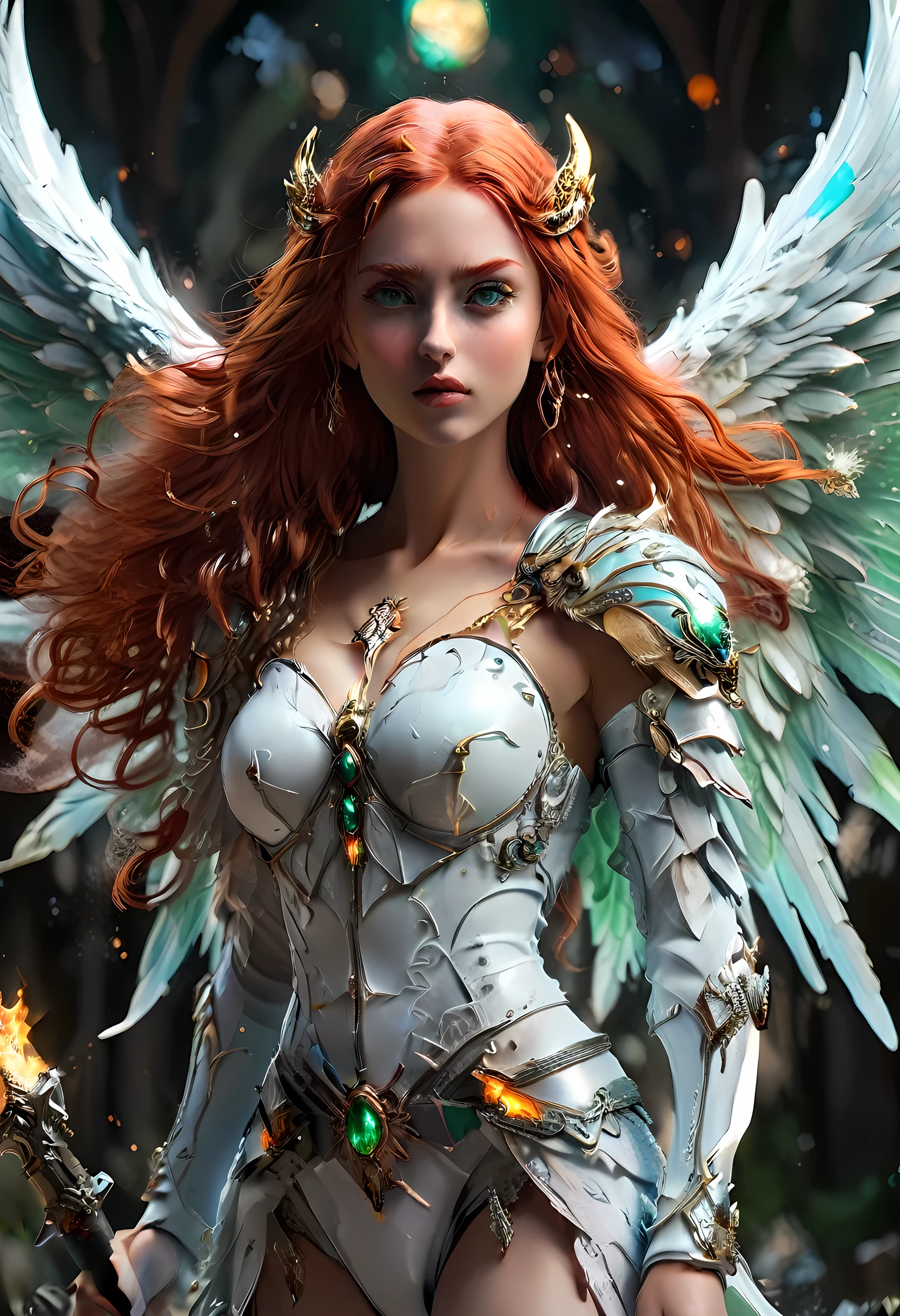 16k, ultra detailed, masterpiece, best quality, (extremely detailed), arafed, dnd art, panoramic view, full body, aasimar, female, (Masterpieceת intense details:1.3), female, sorceress, casting flaming spell(Masterpieceת intense details:1.3) large feathered wings,(azure: 1.3) angelic wings spread (Masterpieceת intense details:1.3), fantasy magical heaven background (Masterpieceת intense details:1.3), moon, stars, clouds, wearing white armor (Masterpieceת intense details:1.3), high heeled boots (Masterpieceת intense details:1.3), armed with staff, (red hair: 1.4), (green eyes: 1.4), intense eyes, ultra feminine, ultra detailed face, (Masterpieceת intense details:1.5), (anatomically correct: 1.5), determined face, divine light, cinematic lighting, soft light, silhouette, photorealism, panoramic view ((Masterpieceת intense details:1.3) , Wide-Angle, Ultra-Wide Angle, 16k, highres, best quality, faize, 3D rendering, angel