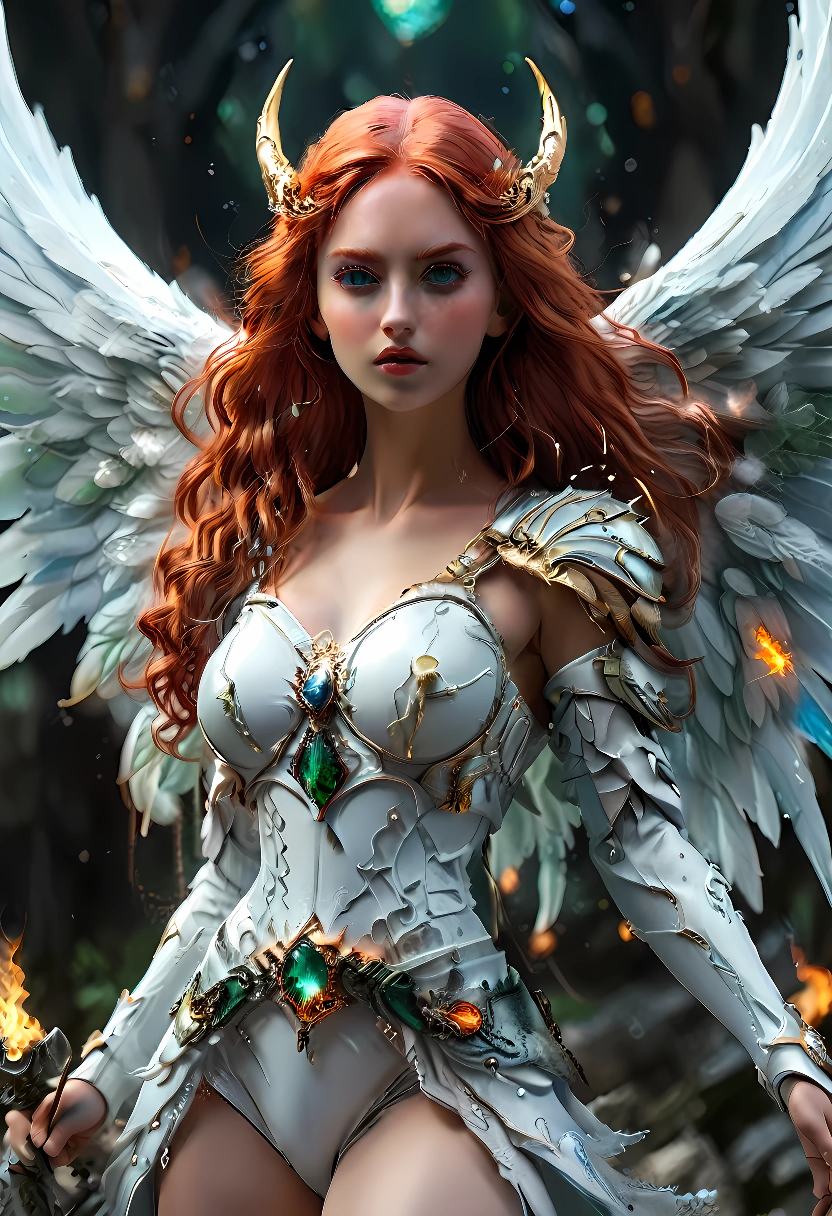 16k, ultra detailed, masterpiece, best quality, (extremely detailed), arafed, dnd art, panoramic view, full body, aasimar, female, (Masterpieceת intense details:1.3), female, sorceress, casting flaming spell(Masterpieceת intense details:1.3) large feathered wings,(azure: 1.3) angelic wings spread (Masterpieceת intense details:1.3), fantasy magical heaven background (Masterpieceת intense details:1.3), moon, stars, clouds, wearing white armor (Masterpieceת intense details:1.3), high heeled boots (Masterpieceת intense details:1.3), armed with staff, (red hair: 1.4), (green eyes: 1.4), intense eyes, ultra feminine, ultra detailed face, (Masterpieceת intense details:1.5), (anatomically correct: 1.5), determined face, divine light, cinematic lighting, soft light, silhouette, photorealism, panoramic view ((Masterpieceת intense details:1.3) , Wide-Angle, Ultra-Wide Angle, 16k, highres, best quality, faize, 3D rendering, angel