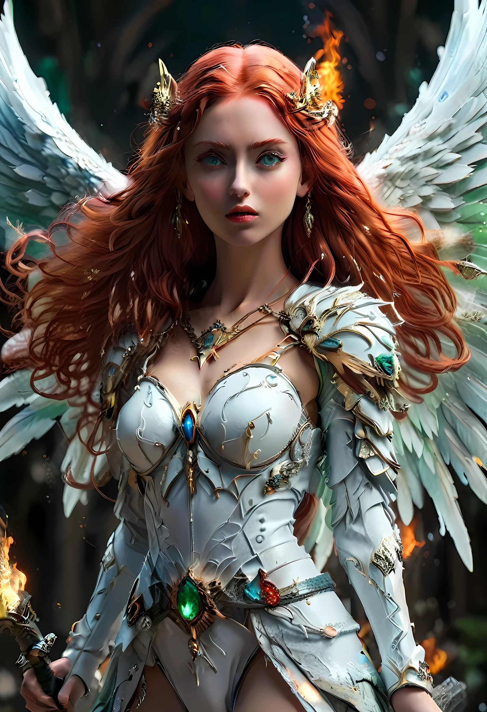 16k, ultra detailed, masterpiece, best quality, (extremely detailed), arafed, dnd art, panoramic view, full body, aasimar, female, (Masterpieceת intense details:1.3), female, sorceress, casting flaming spell(Masterpieceת intense details:1.3) large feathered wings,(azure: 1.3) angelic wings spread (Masterpieceת intense details:1.3), fantasy magical heaven background (Masterpieceת intense details:1.3), moon, stars, clouds, wearing white armor (Masterpieceת intense details:1.3), high heeled boots (Masterpieceת intense details:1.3), armed with staff, (red hair: 1.4), (green eyes: 1.4), intense eyes, ultra feminine, ultra detailed face, (Masterpieceת intense details:1.5), (anatomically correct: 1.5), determined face, divine light, cinematic lighting, soft light, silhouette, photorealism, panoramic view ((Masterpieceת intense details:1.3) , Wide-Angle, Ultra-Wide Angle, 16k, highres, best quality, faize, 3D rendering, angel