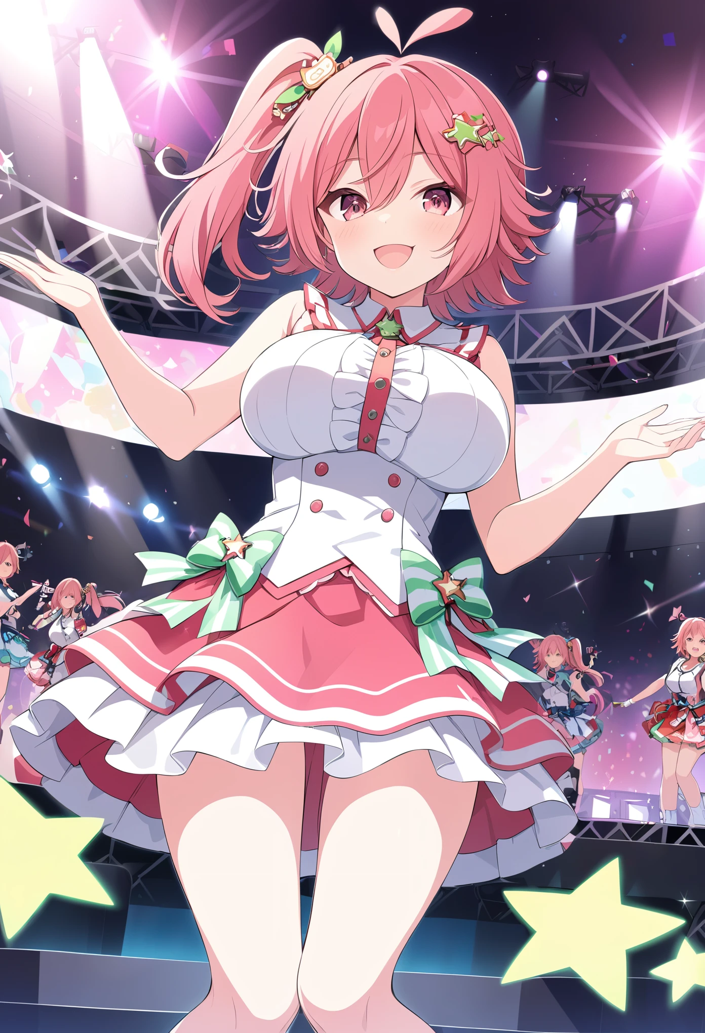 TAKARASORA, PINK HAIR, ANTENNA HAIR, SIDE PONYTAIL, HAIR ORNAMENT, HAIR BETWEEN EYES, PINK EYES,, large breasts, live stage, solo,