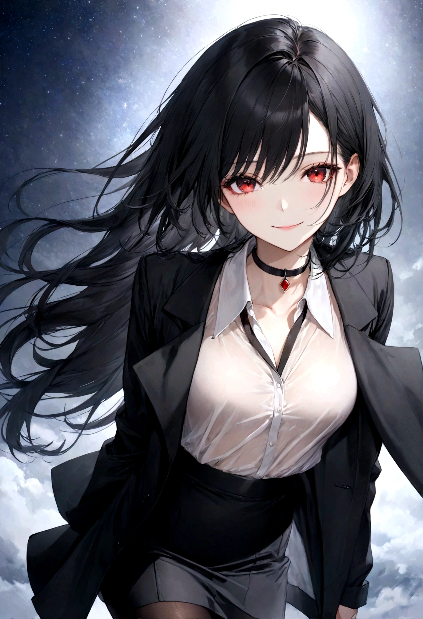 (top-quality)), ((​masterpiece)), ((ultra-detailliert)), (extremely delicate and beautiful), jet black hair, long straight black hair, beautiful sexy woman, gentle smile, elegant expression, red eyes, black collar necklace, sheer crisp white shirt, wearing black jacket over shirt, black skirt, sheer black stockings, night sky background