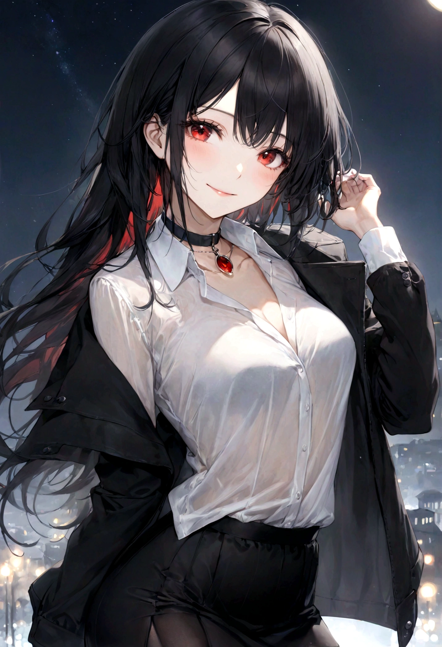 (top-quality)), ((masterpiece)), ((ultra-detailliert)), (extremely delicate and beautiful), jet black hair, long straight black hair, beautiful sexy woman, gentle smile, elegant expression, red eyes, black collar necklace, sheer crisp white shirt, wearing black jacket over shirt, black skirt, sheer black stockings, night sky background