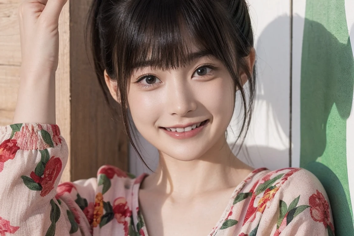 Located in a pop-style private room、Flat line drawing of a young, beautiful woman leaning against a colorful wall printed with botanical patterns,A kind smile,bangs, Realistic clothing down to the smallest detail,Soft Tone,Only 4 colors,