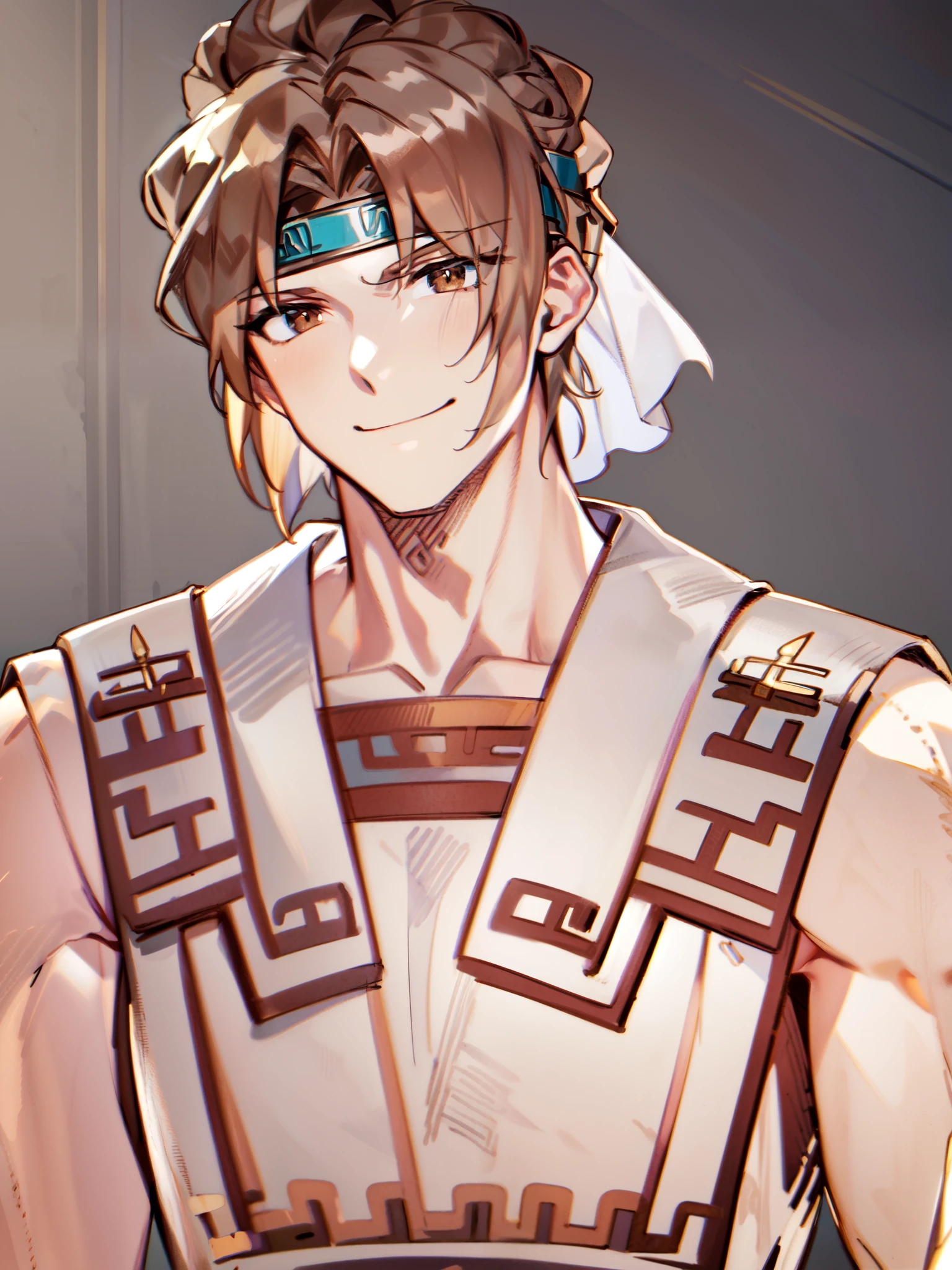 ((headband)), (greek armor), ((greek warrior)), ((brown hair)), ((happy expression)), ((fair skin)), ((ancient greek clothing)), ((muscular body)), ((demigod of Zeus)), ((complementary colors)), ((mature male)), 1boy, beautifully drawn, high resolution illustration, best quality, High definition, ((detailed anime sketch)), Masterpiece, (solo), absurdres, portrait, ((upper body)), ((close-up)), ((short hair)), detailed background, fine detail, male focus, HDR,