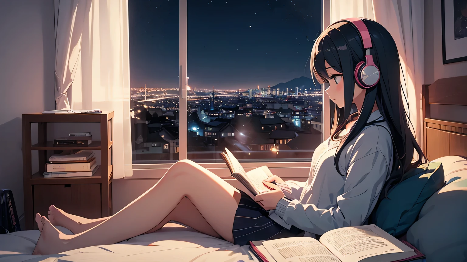 A girl reading a book with headphones in her room Night view from the window Japanese anime style