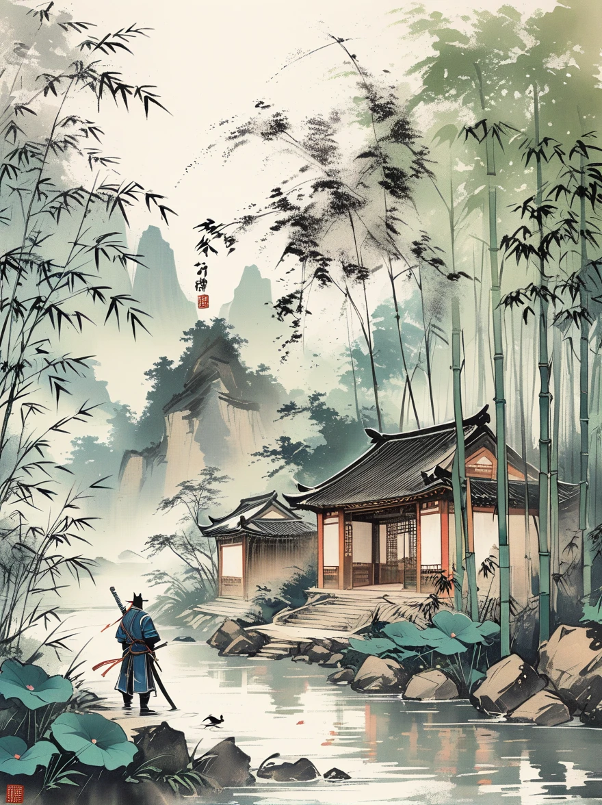 Ink Painting,Male knight on water,Behind it is a bamboo forest,sword,landscape,Ultra HD resolution,Freehand style,majestic,Natural light