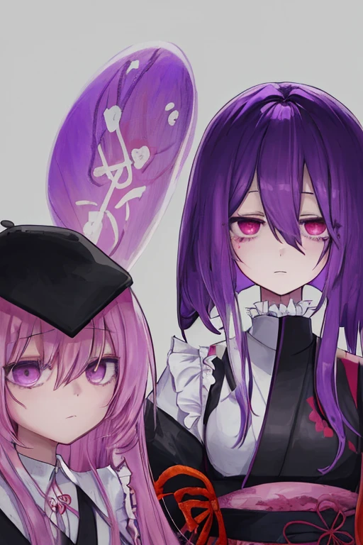 Old factory, dark background, ((multiple girls)), (2girls), pink hair in a bun, (swept bangs), seifuku with the leading colors of black and red, black short-sleeved blouse with a red sailor collar, black knee-length pleated skirt, light blue tights, blood on face, blood on hands, blood on clothes, blood from mouth, closed eyes, tears, die, sad, (the pink haired girl was lying in the purple haired girl's lap), ((shoulder-length purple hair)), red ribbon is tied into a bow on the left side of the hair, (crossed bangs), bright purple eyes, seifuku with the leading colors of black and red, black short-sleeved blouse with a red sailor collar, black knee-length pleated skirt, sitting on knees, expressionless, calm, looking down at the pink-haired girl