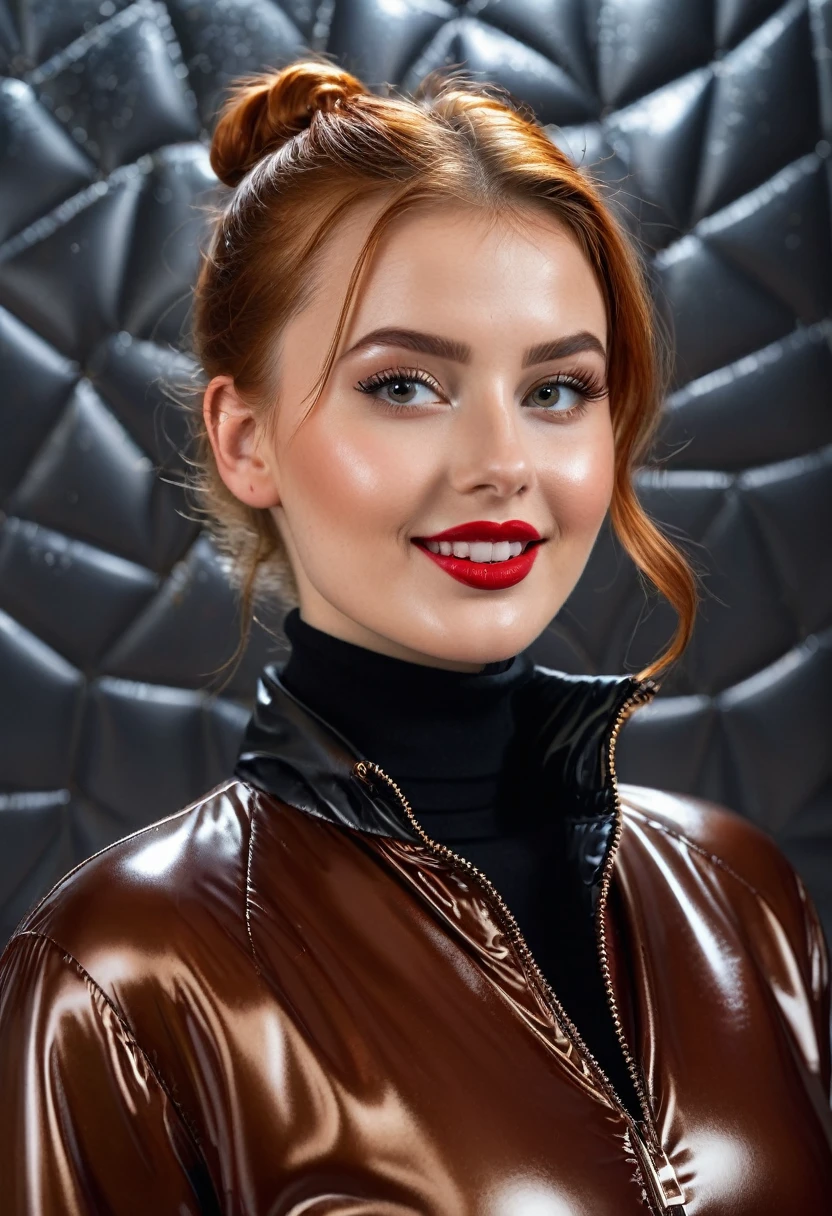 hyperrealistic beautiful very busty 19-year-old woman with long legs latex shirt and leggins with long shiny puffer coat , model shooting full body photography, natural redhead classic bun, freckles, soaky wet skin, dark eye makeup with eyeliner, seductive smile, red lips, small necklace, 8K, Best quality, Meisterwerk, ultra high resolution, (Realismus: 1.4), Originalfoto, (realistische Hautstruktur: 1.3), (Filmkorn: 1.3), (Selfie-Winkel), 1 girl, Beautiful round hazel eyes and facial details, Meisterwerk, Best quality, indoor photography in front of a shiny leather wall, nsfw