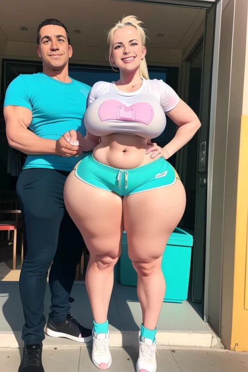 High resolution, (((two people in picture))), (one is a mature white girl, (((bimbo))), thick, long blonde, ponytail, she is smiling , very big wide hips, thick thighs, hourglass figure, small round breast, ((she's wearing teal dolphin shorts))), (the other is a young muscular man, he's in shorts and a T-shirt, the man standing beside her, (((he's standing very close to her))), (((they're both looking at the viewer smiling))), (((he's groping her hip)))