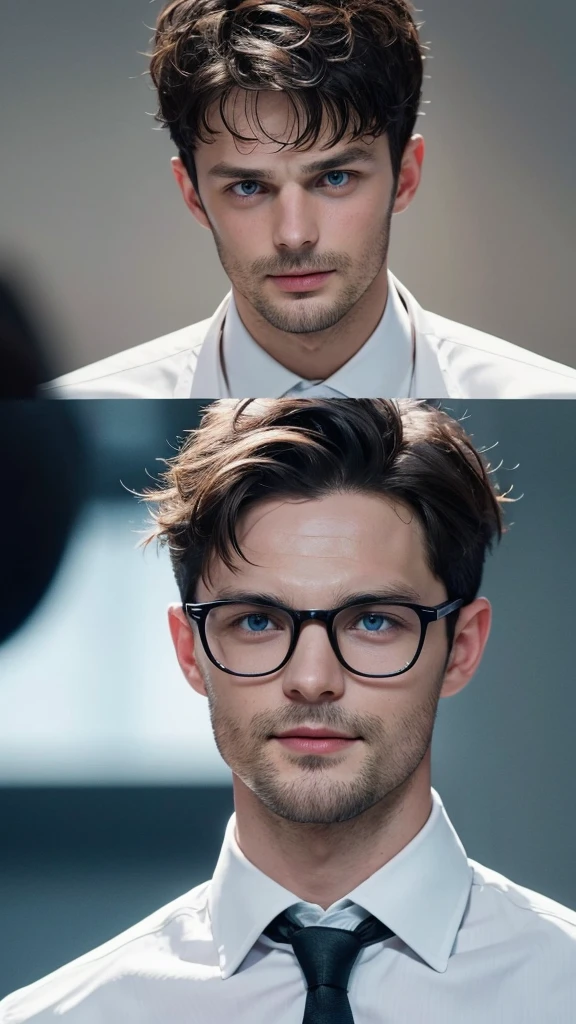 Jamie dornan, 30 years old, project Manager。wear glasses,He is wearing a dark suit, Pair with a white shirt and dark tie。His hair is neat, Face clean and clean, round face,(super short hair: 1.5),Eyes reveal wisdom and confidence。He smiles and looks at the camera, Convey a professional and capable temperament, Ultra high quality, masterpiece, textured skin, high quality, high resolution, best quality, high detail,Half-length photo,ID photo