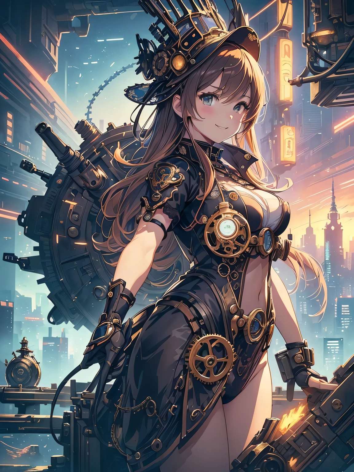 (Line art_anime),(full body,Low Angle, highest quality, ),(Laura Budd Photos:1.2),(Laura Add details:1.0),8k, Flat Color:0.8,1 girl,smile,(Highly decorative and complex mechanical steampunk fashion, Lace flare dolphin hat、goggles、machinery background、Gear background、An elaborately mechanized steampunk cityscape 1.5),Cute pose,