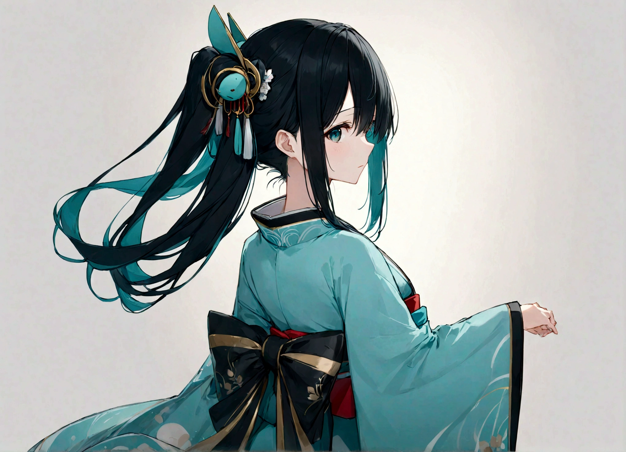 A woman wearing a blue kimono。Heian period。Standing with your back turned。Angle from the back。Hatsune Miku with black hair。