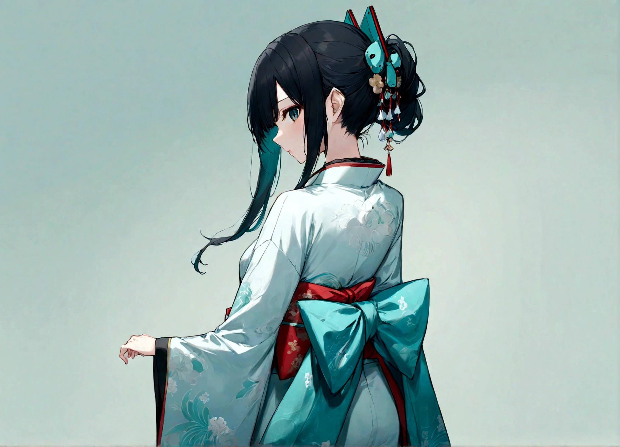 A woman wearing a blue kimono。Heian period。Standing with your back turned。Angle from the back。Hatsune Miku with black hair。