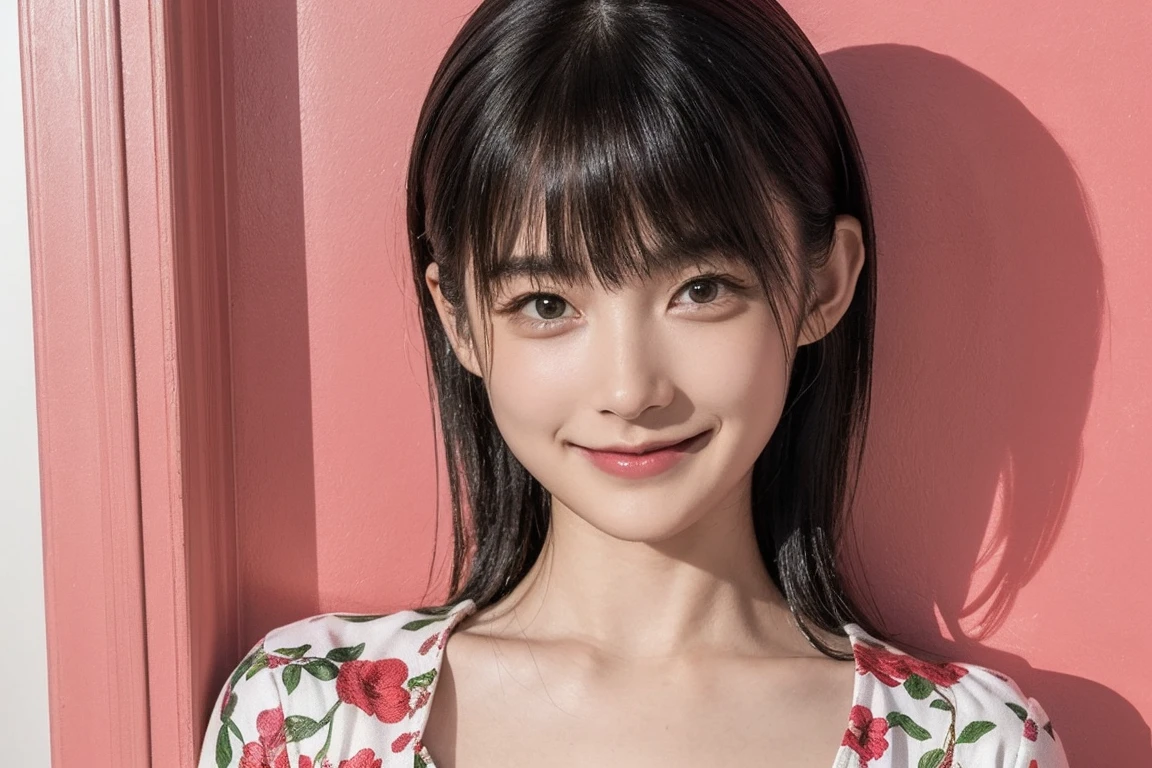 Located in a pop-style private room、Flat line drawing of a young, beautiful woman leaning against a colorful wall printed with botanical patterns,A kind smile,bangs, Realistic clothing down to the smallest detail,Soft Tone,Only 4 colors,