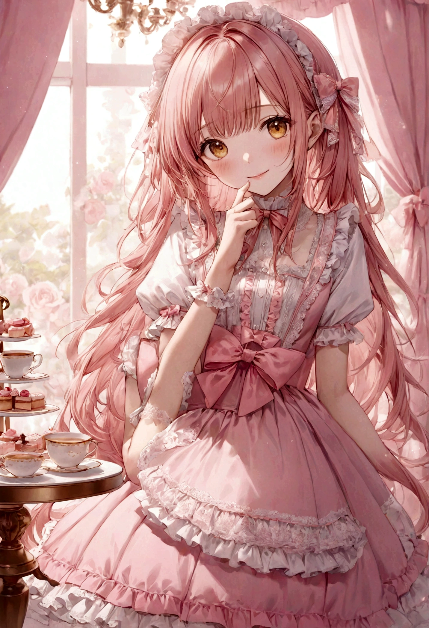 ((top-quality)), ((masterpiece)), ((ultra-detailliert)), (extremely delicate and beautiful), peach pink hair, long straight hair, golden eyes, cute woman, wearing pink lolita dress, lolita dress with lace, cute smile, pink sash bows, tea party background