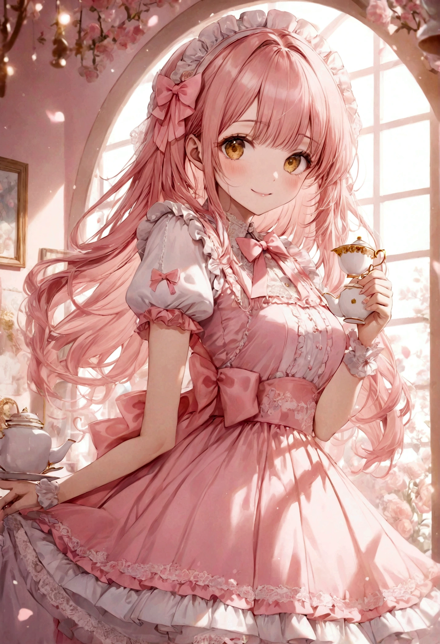 ((top-quality)), ((masterpiece)), ((ultra-detailliert)), (extremely delicate and beautiful), peach pink hair, long straight hair, golden eyes, cute woman, wearing pink lolita dress, lolita dress with lace, cute smile, pink sash bows, tea party background