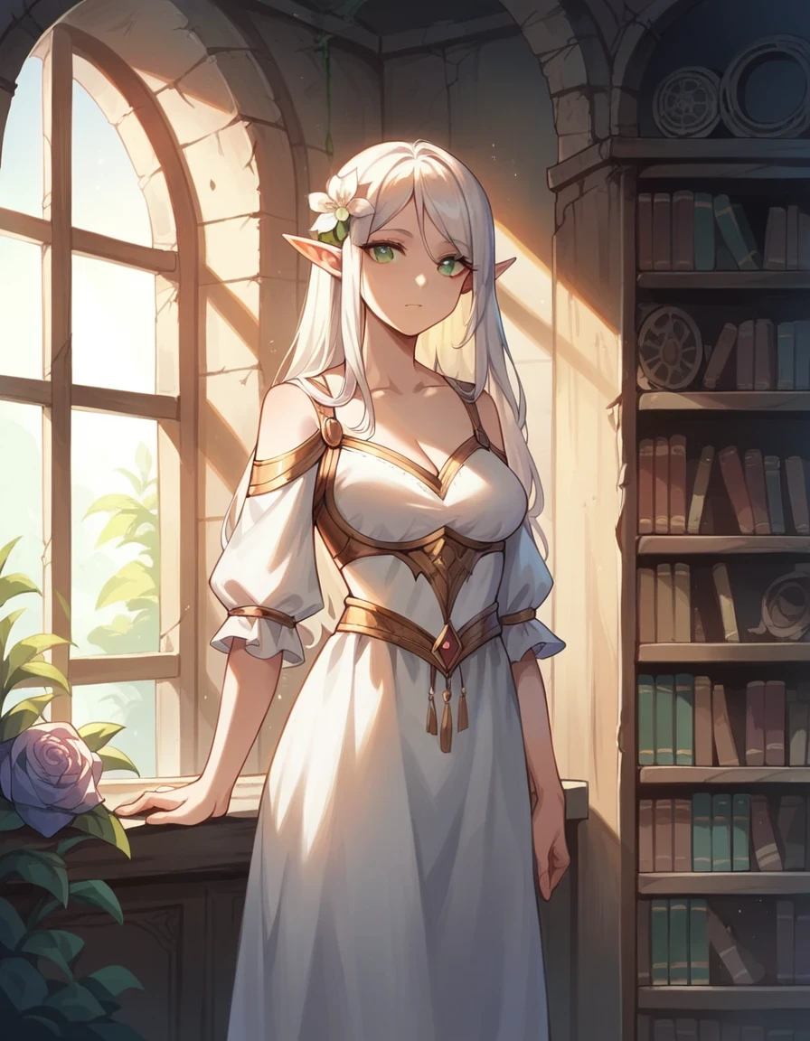 score_9, score_8_up, score_7_up, score_6_up, rating_safe, 1girl, elf, long hair, looking at viewer, d3c4y, overgrown, sunlight, indoors, bookshelf, cowboy shot, ruins, flower